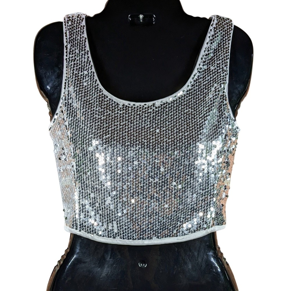 Going Out Sequin Tank Crop Top Womens XS Silver Bling Club Y2K 90s Style New